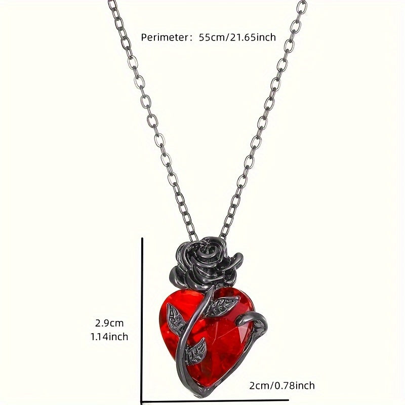 Elegant & Punk Style, Black Rose Shape With Red Heart Faux Diamond Pendant Necklace, Vintage & Delicate Twisted Flower Collarbone Chain, Valentine's Day Accessory