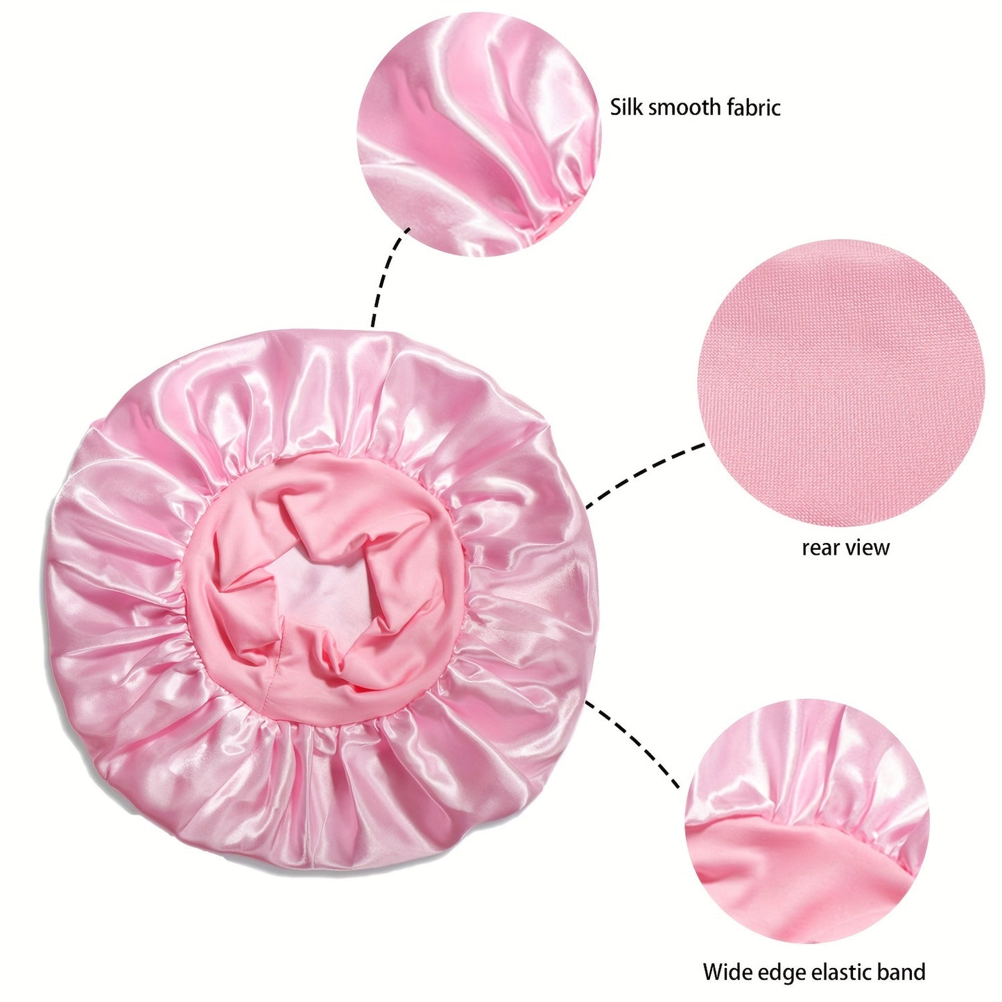 2023 New Women'S Fashion Hair Bonnet - Wide Brim Elastic Sleep Cap for Curly Straight Hair, Pink Fluffy Polyester Bath Hat with Ruffled Edges, Oil-Free Dry Hair Cover for Sleep & Relaxation, Hair Bonnet for Sleeping, Comforta