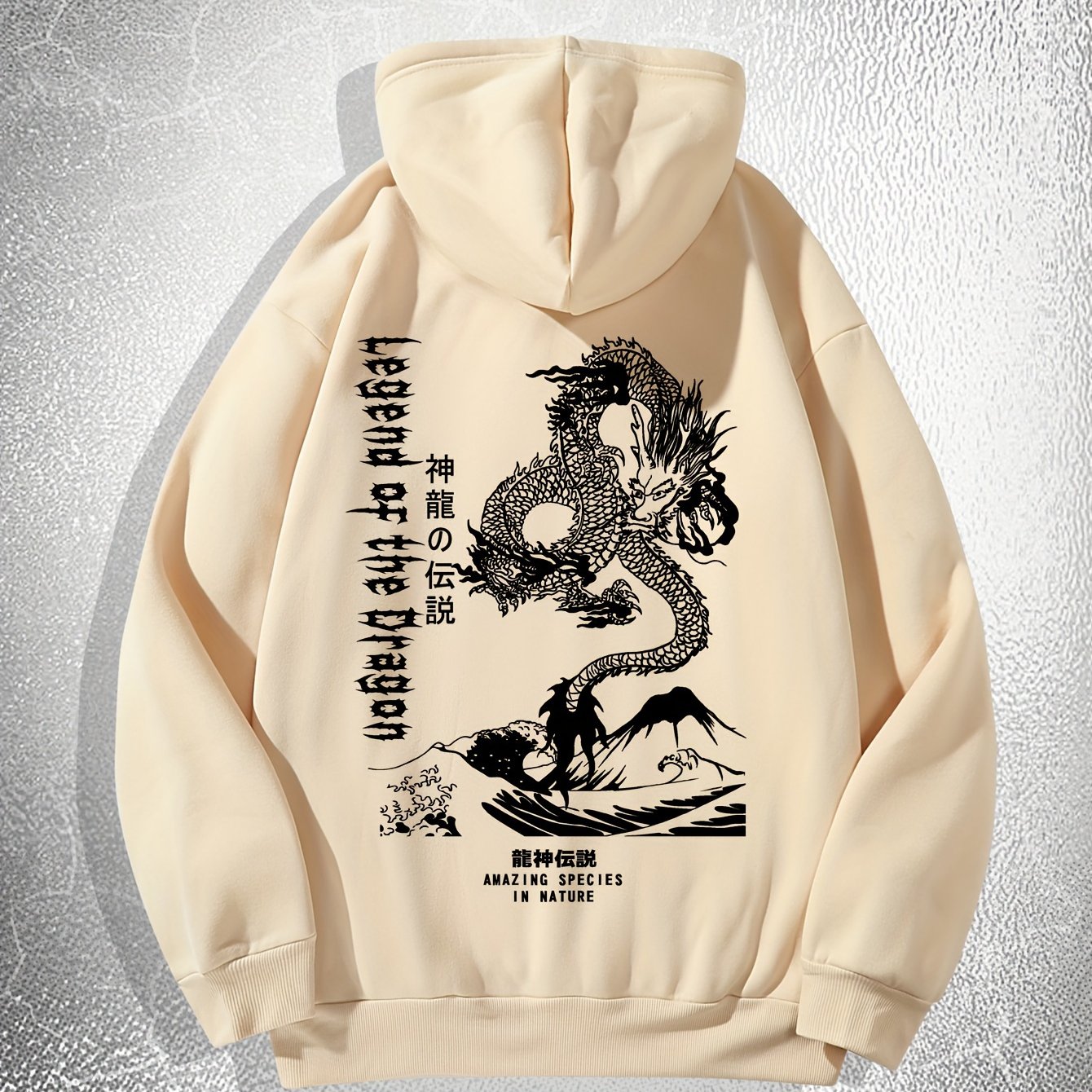 [Dragon Print Hoodie] White Polyester Dragon Print Hoodie - Casual & Trendy, Long Sleeves, Drawstring Hood - Streetwear Style