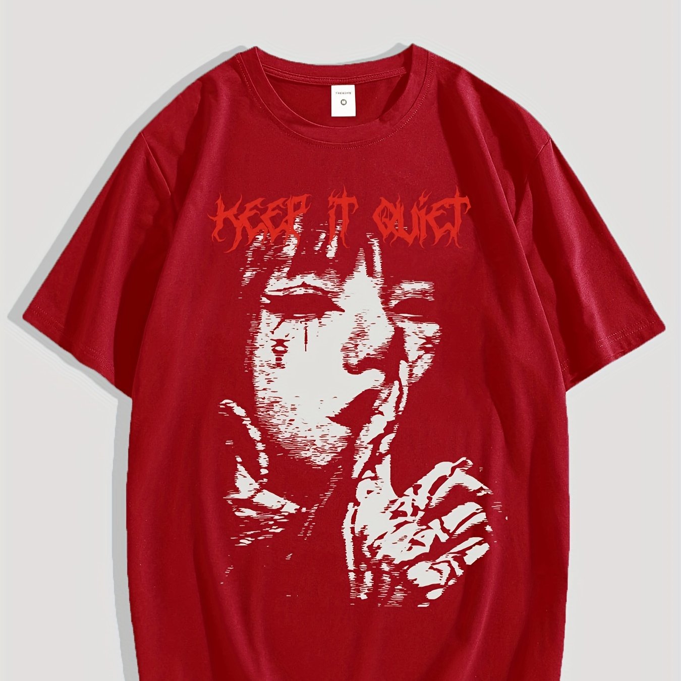 Men'S Keep it Quiet Gothic Character Graphic Tee - Casual Polyester Short Sleeve T-Shirt with Bold Red Lettering, Crew Neck, Spring/Autumn Streetwear