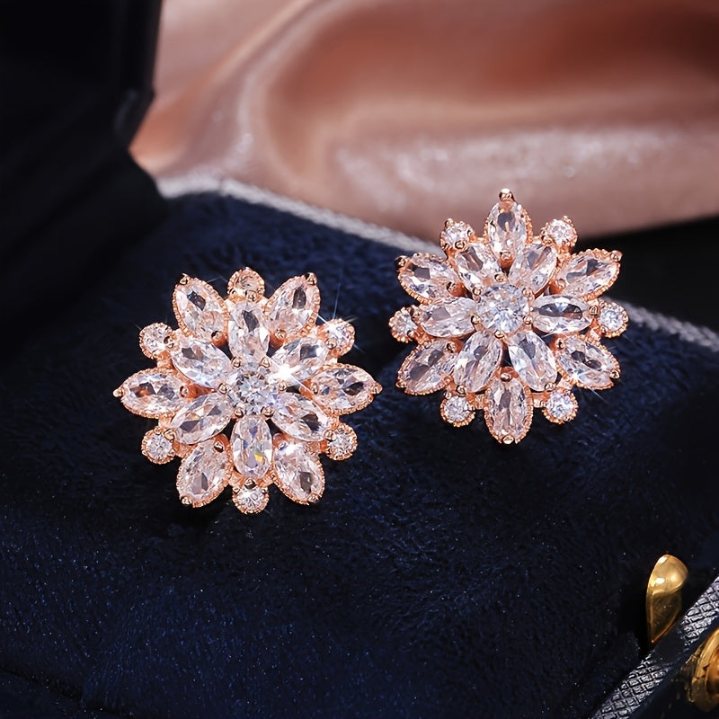 Luxurious Flower Earrings - A Pair With Shiny Synthetic Zirconia Inlaid - Suitable For Ladies' Wedding Parties, Jewelry, And Valentine's Day Gifts