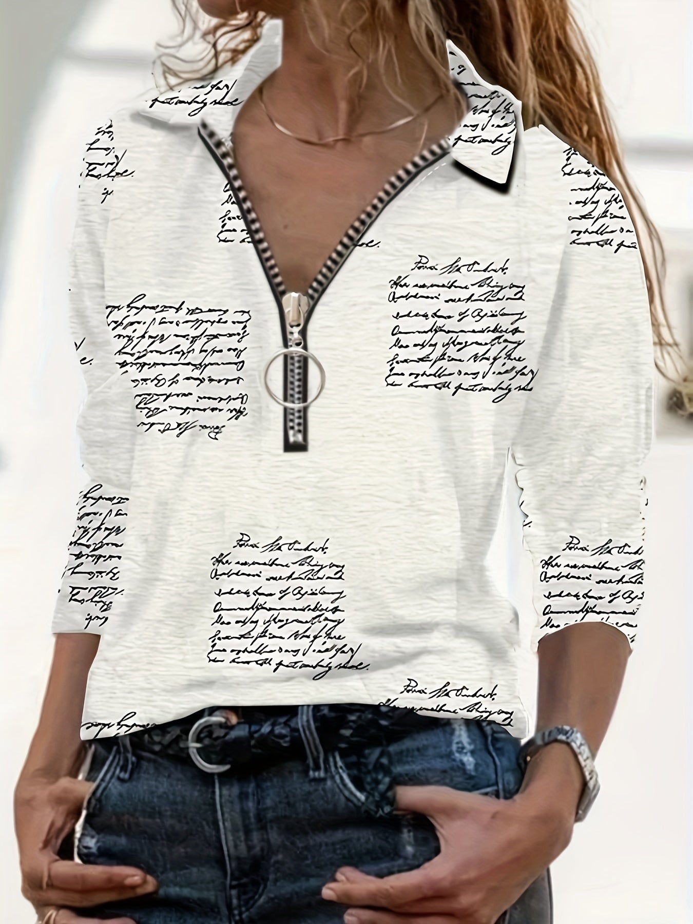 Graphic Print Zipper Polo Shirts, Casual Loose Long Sleeve Polo Shirts Tops For Spring & Summer, Women's Clothing