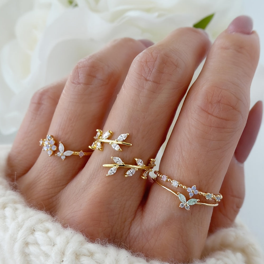 4pcs Stylish Stacking Rings Sparkling Leaf/ Butterfly/ Flower Design Inlaid Gemstone Match Daily Outfits Party Accessories