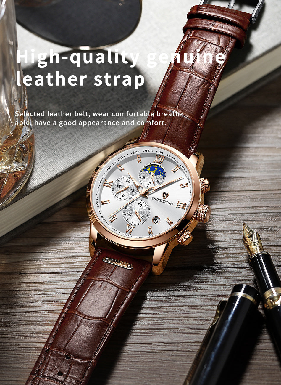 LIGE Men'S Quartz Watch | Vintage Style | Multi-Functional Chronograph | 30m | Calendar & Moon Phase | High-Quality Strap | Zinc Alloy Case, Electronic Drive | Non-rechargeable Button Battery | Luxury Business Watch, Business
