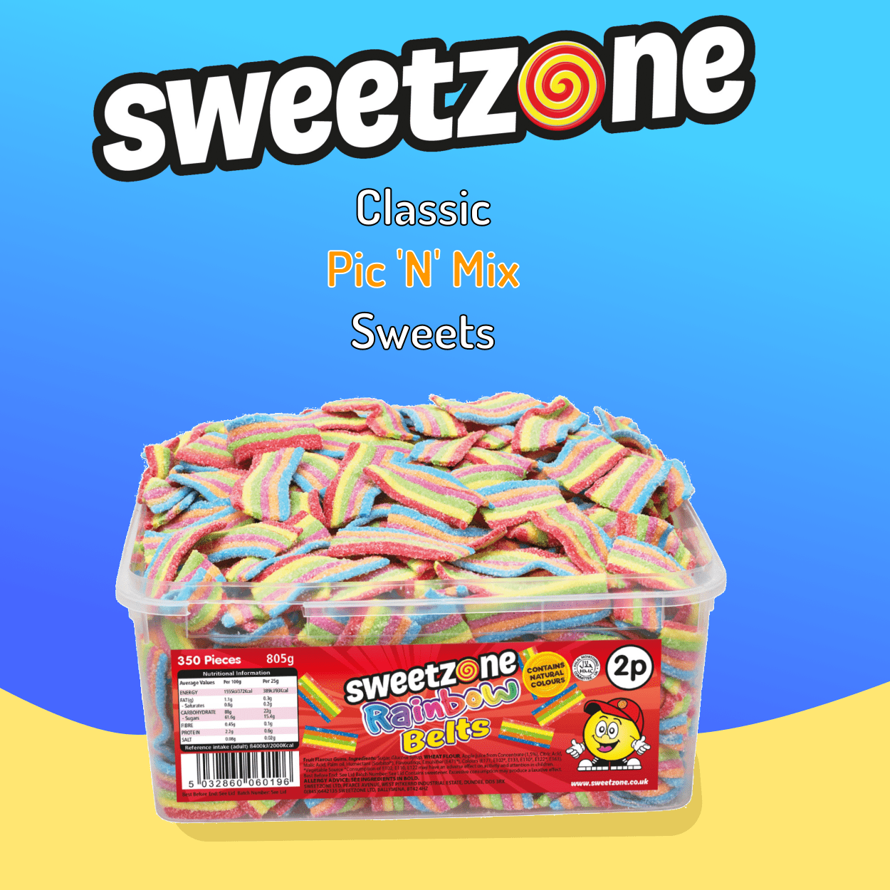 Sweetzone Rainbow Belts- 805G Tub - 350pcs - Pic N Mix Style Sweets