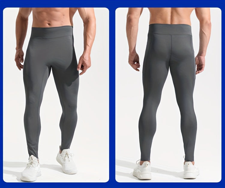 Men'S High Waist Compression Sports Leggings, Quick Dry, High Elastic, Polyester 90% Spandex 10%, Solid Color, Pocket Detail, Knit Fabric, Skinny Fit, Four Seasons, for Running, Yoga, Training, Basketball, Outdoor Activities