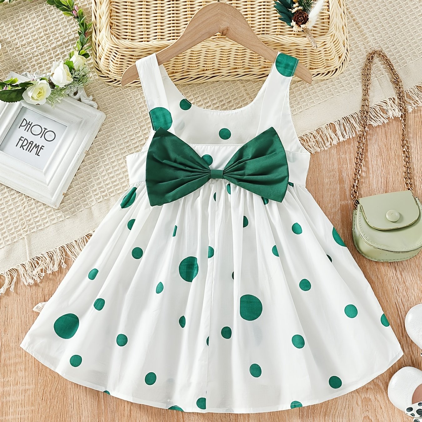 Girls' White Spaghetti Strap Dress with Red Polka Dots And Bow Decoration, a Cute Summer Outfit
