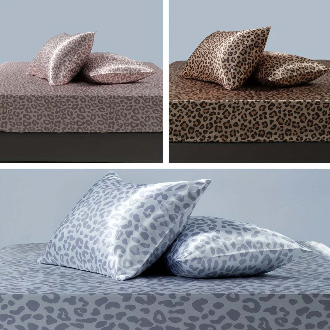 3pcs Luxurious Leopard Print Satin Sheet Set - Soft, Breathable, and Hypoallergenic for Comfortable Sleeping in Home, Dorm, and Guest Room - Includes 1 Mat and 2 Pillowcases, Easy Care and Machine Washable (Core Not Included)