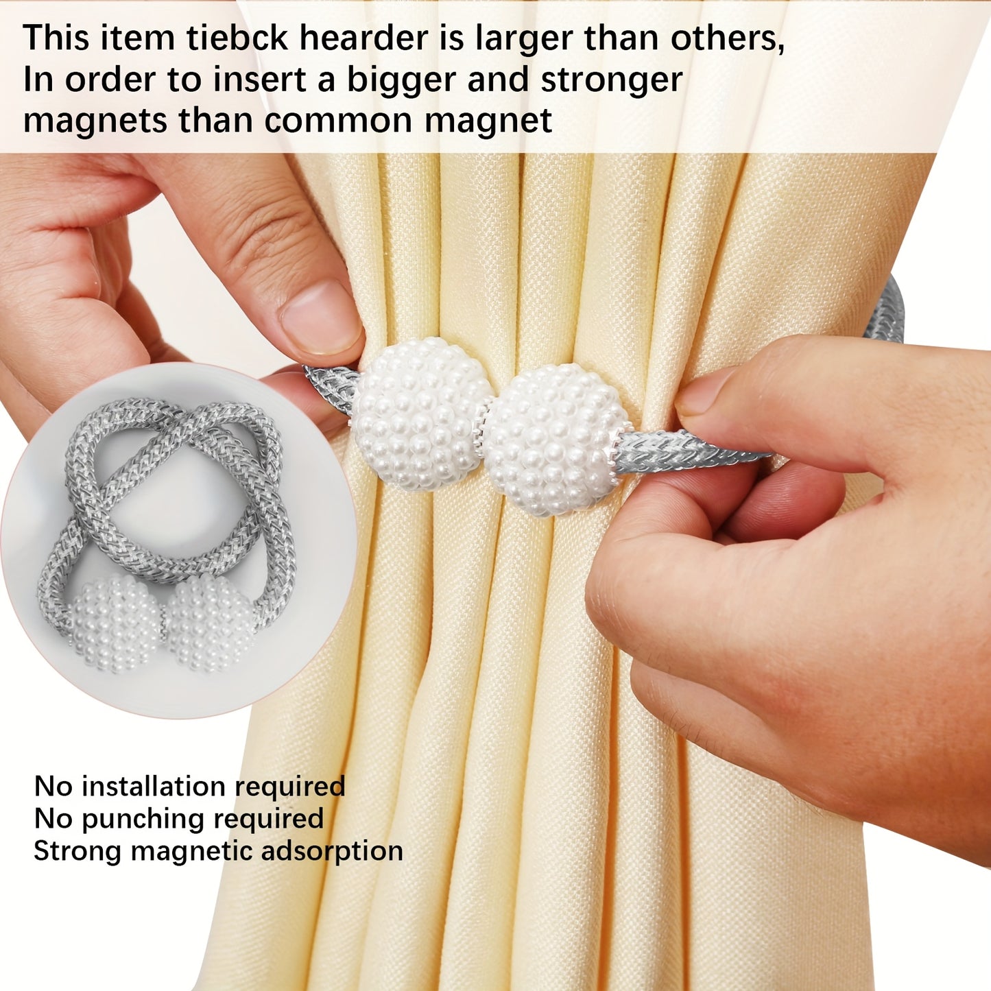 2pcs Elegant Magnetic Curtain Tiebacks - Contemporary Polyester Rope Holdbacks with Pearl-Like Beads, Decorative Window Drapery Ties for Home & Office Decor, Stylish Curtain Tieback|Contemporary Design|Bead Detailing