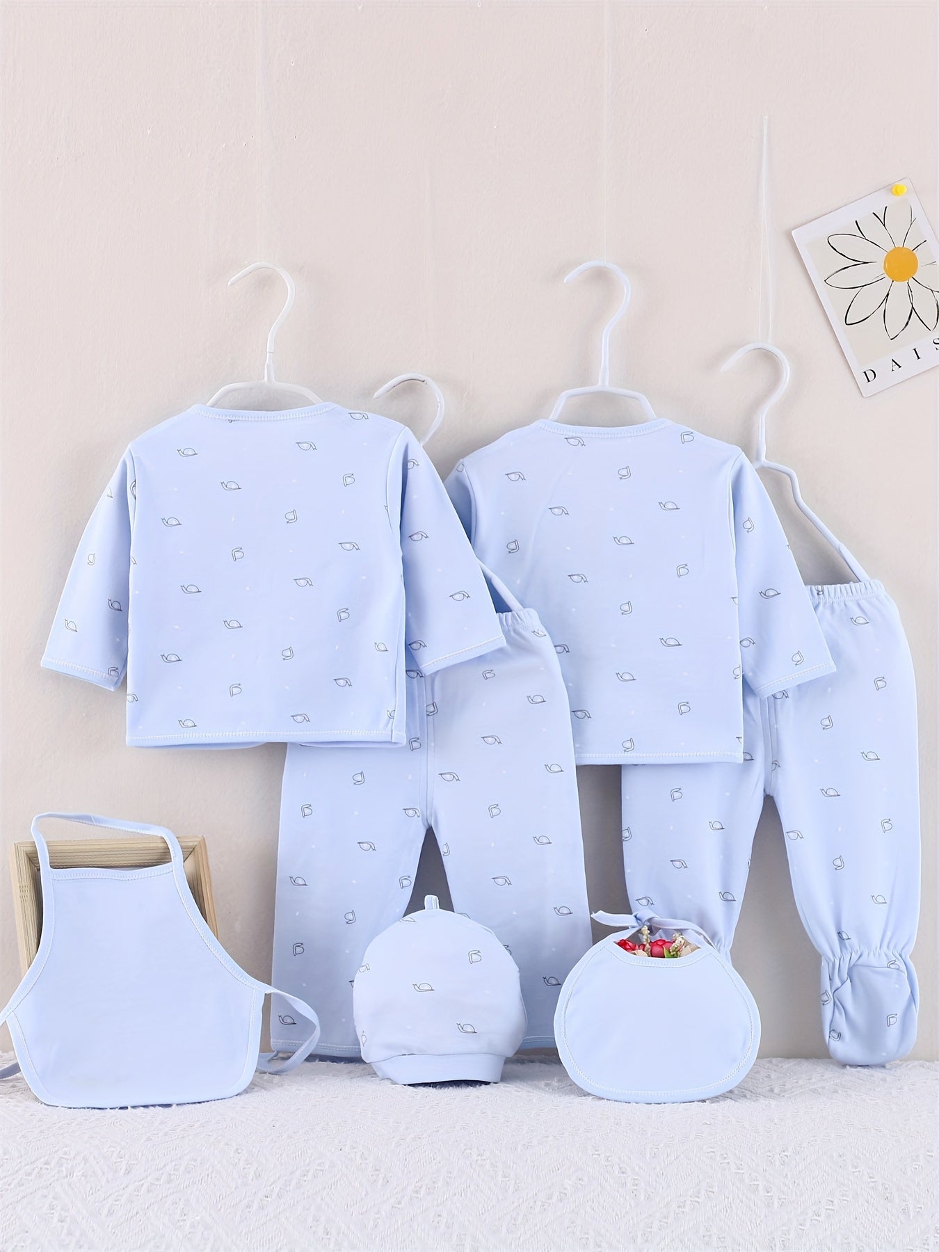 7pcs Newborn Outfits Gifts, Cute Graphic Baby Boys Girls Cotton Comfy Clothes Set - Footed Pants Cardigan Top Trousers Hat Bib Set Outdoor Clothes Outdoor Clothes