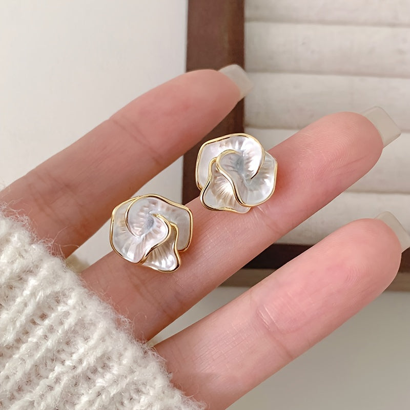 925 Silver Ear Post Elegant Camellia Flower Stud Earrings, Vintage Style, Alloy, Women's Fashion Jewelry, All-Season Accessory for Daily & Vacation Wear