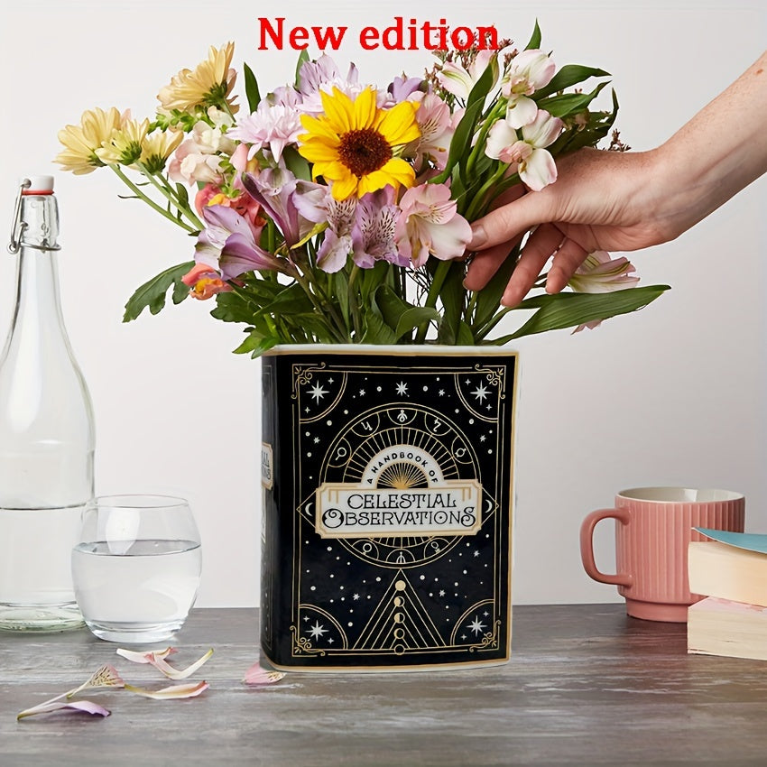 1pc Enchanting Ceramic Book Vase with Tarot Card Design - Celestial Observations, Starry Night Series - Ideal for Kitchen & Living Room Decor, Classic Fantasy Style, Decorative Centerpiece|Artistic Vase|Ceramic Construction,