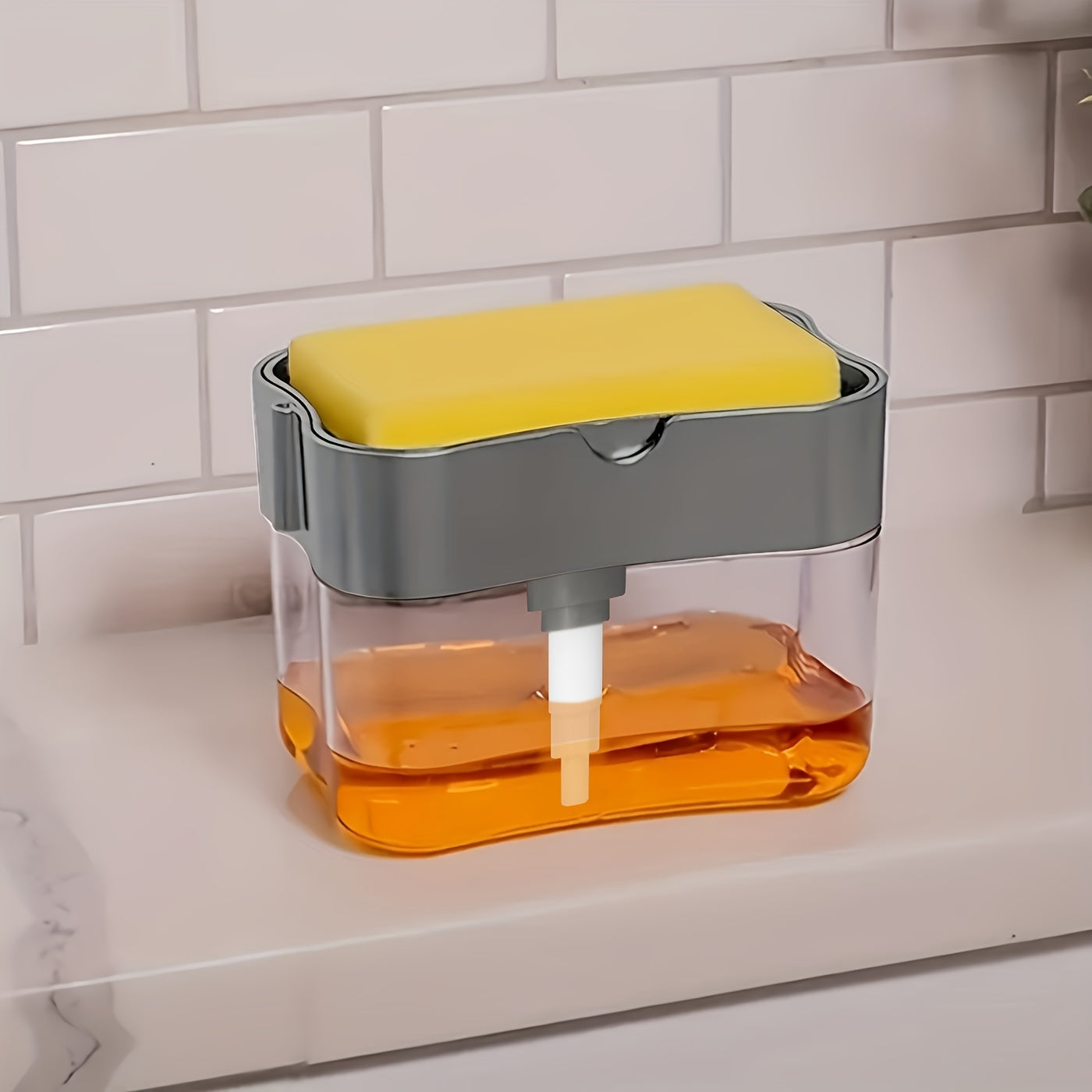 Modern Plastic Dish Soap Dispenser with Sponge Holder, Lightweight Square Kitchen Sink Accessory, Space-Themed Solid Colour Design, Hand Wash Only