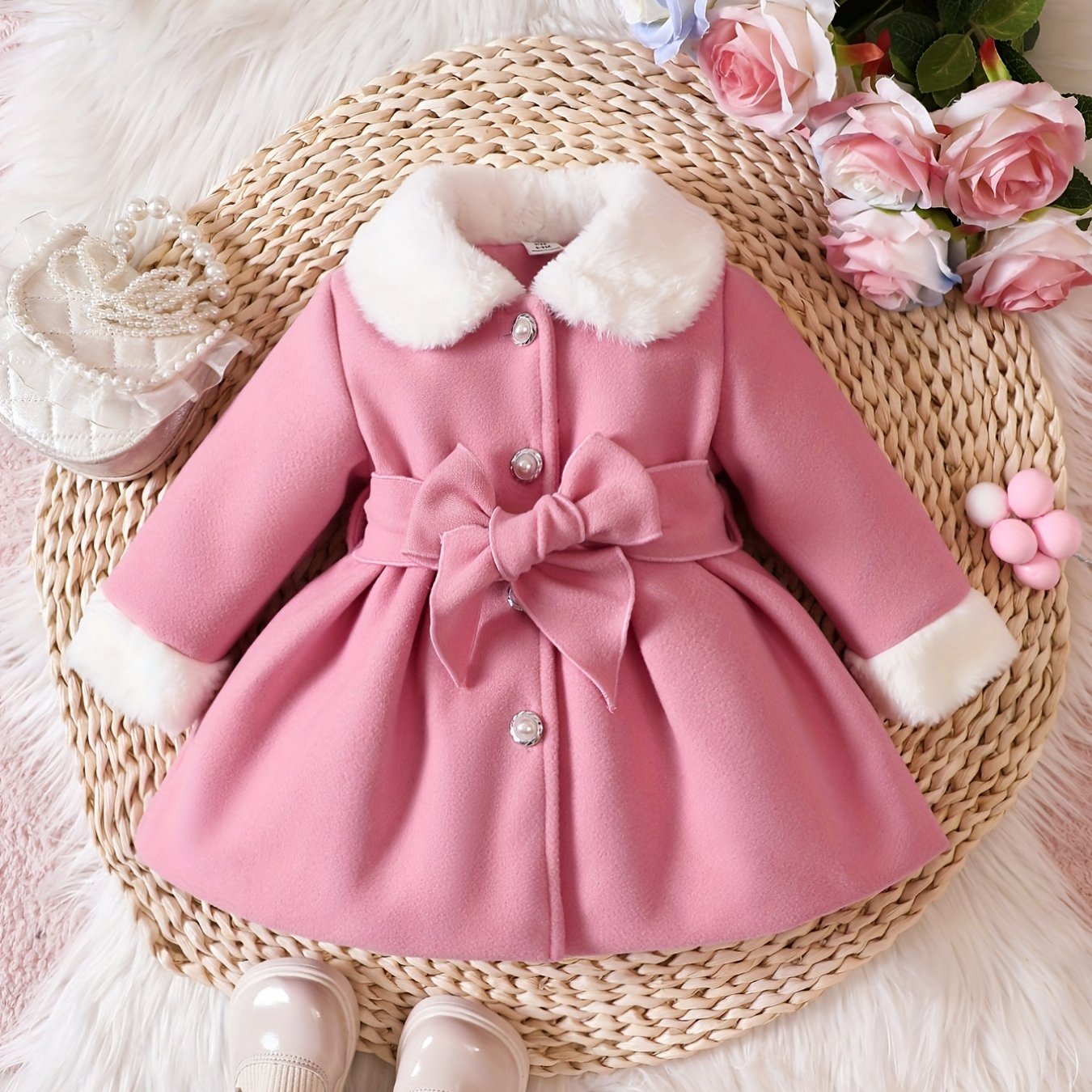 Fashionable And Versatile Coat for Baby Girls in Autumn And Winter, a Perfect Mother'S Day Gift. Adorable Plush Coat with a Bow And Collar, Designed for a Sweet Princess Look. Soft And Comfortable Outerwear to Keep Baby Warm