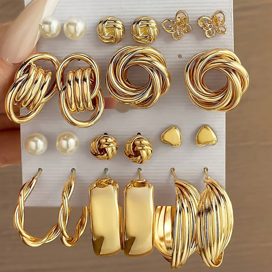 11 pairs of luxury palace style fashion earrings in different styles, including heart, butterfly, flower, twisted, geometric, imitation pearl earrings, suitable for Women's parties, dates, vacations, minimalist style jewelry