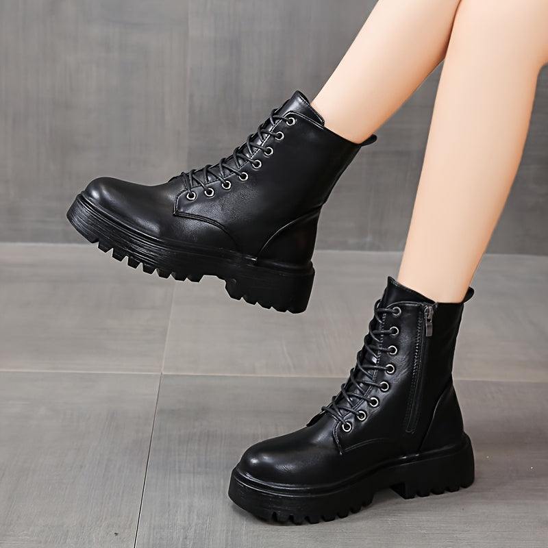 Women's Chunky Platform Round-Toe Ankle Boots with Thick TPR Sole & Faux Upper - Chunky Heel (1-2cm) Round Toe s, Black Faux & TPR Outsole for Casual, Office, Party - Round-Toe Booties