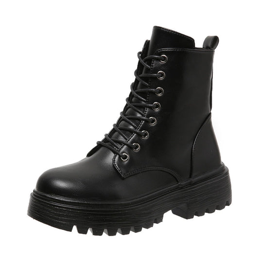 Women's Chunky Platform Round-Toe Ankle Boots with Thick TPR Sole & Faux Upper - Chunky Heel (1-2cm) Round Toe s, Black Faux & TPR Outsole for Casual, Office, Party - Round-Toe Booties