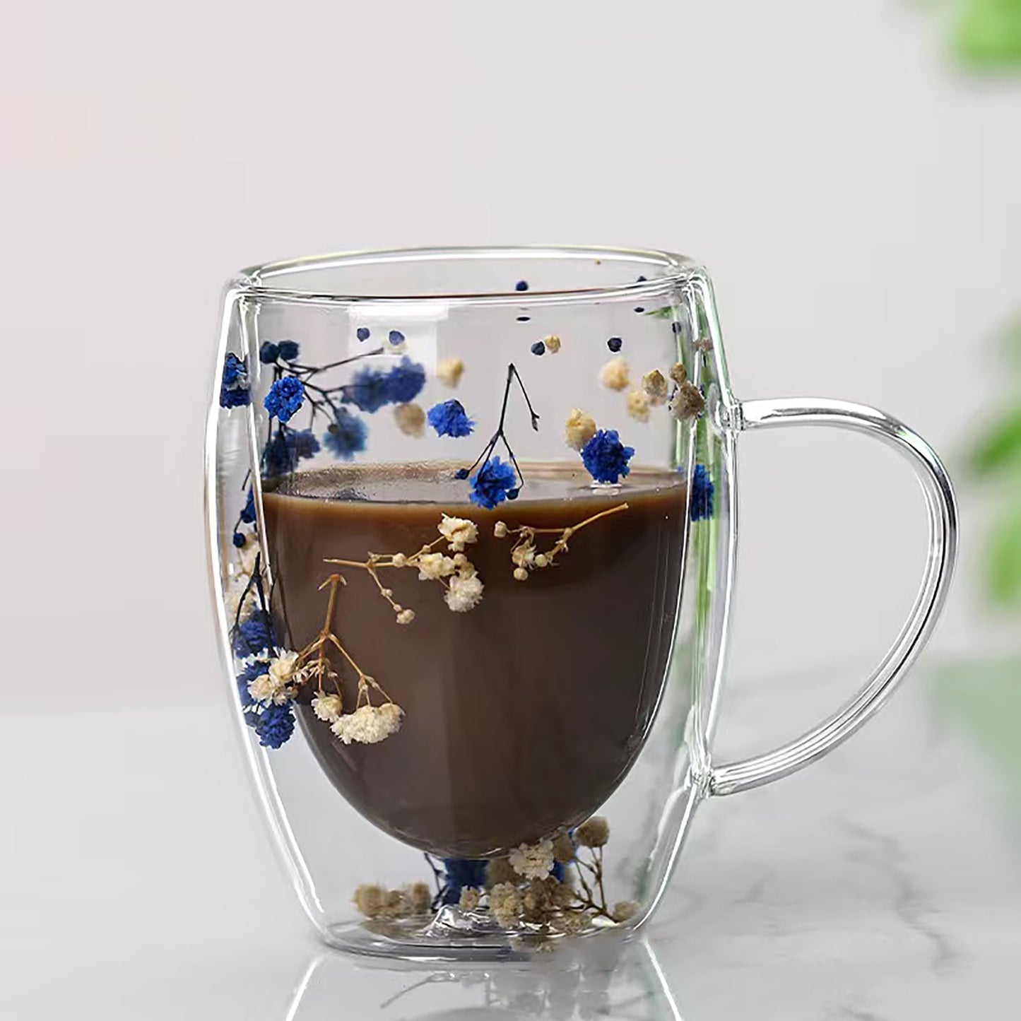 1pc Elegant Double-Walled Glass Coffee Mug with Dried Flower Detail - Thermal Insulated Drinkware for All Seasons - Ideal Birthday Present