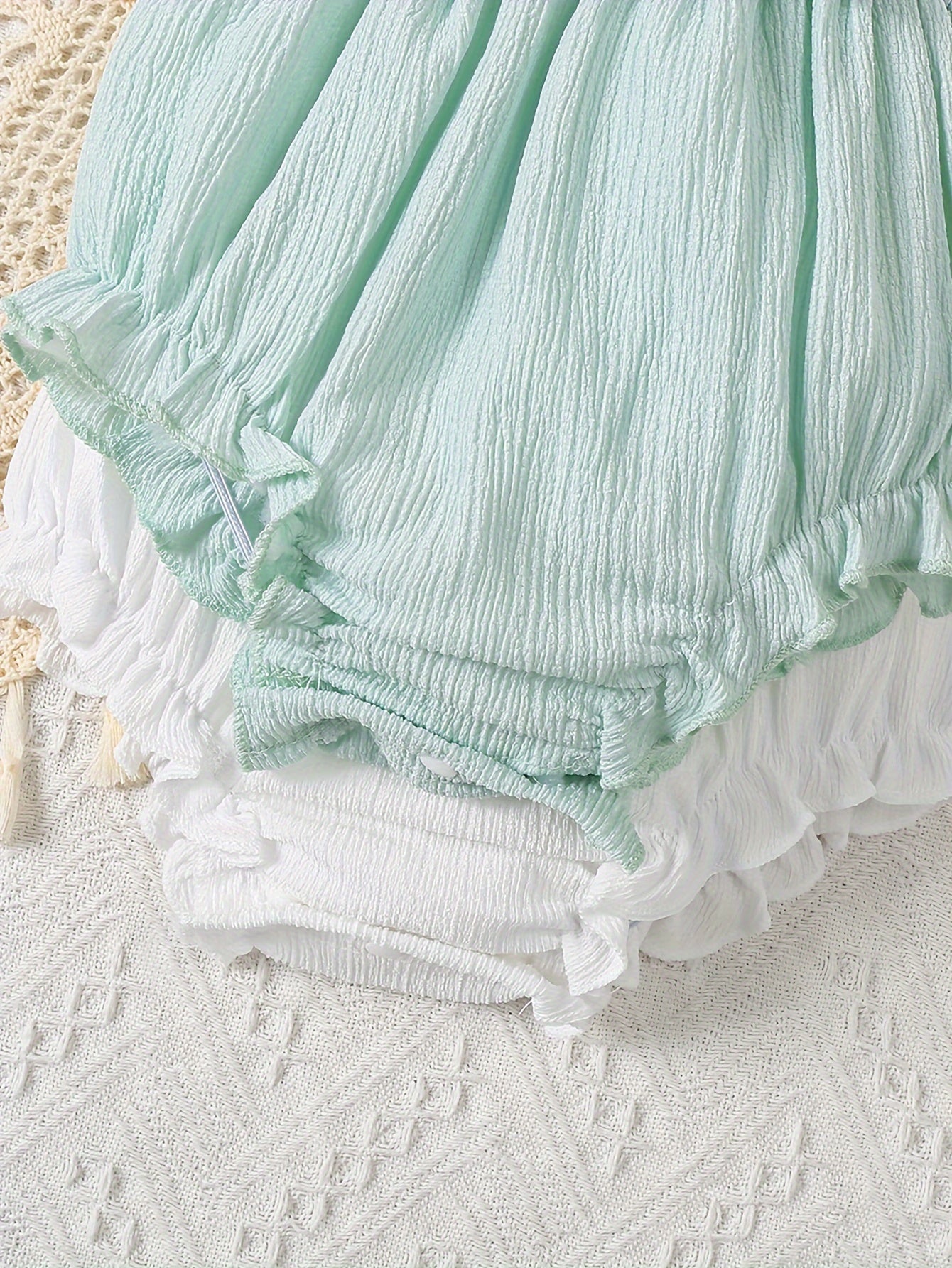 JOPGEEY 2pcs Soft & Stylish Baby Girl Rompers - Solid Color, Bubble Texture with Ruffled Trim, Perfect for Summer Outings, Perfect for Outdoor
