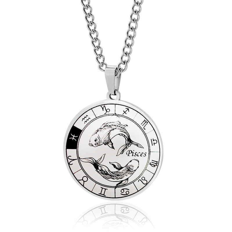 Stainless Steel Star Zodiac Necklace 12 Constellation Coin Pendant Necklace For Men Jewelry Gift For Birthday Anniversary