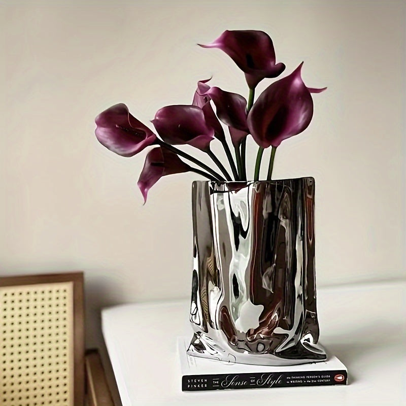 1pc Vase, High-End Light Luxury Decoration, Creative Electroplated and Silvery Ceramic Vase, Artificial Flower Decor
