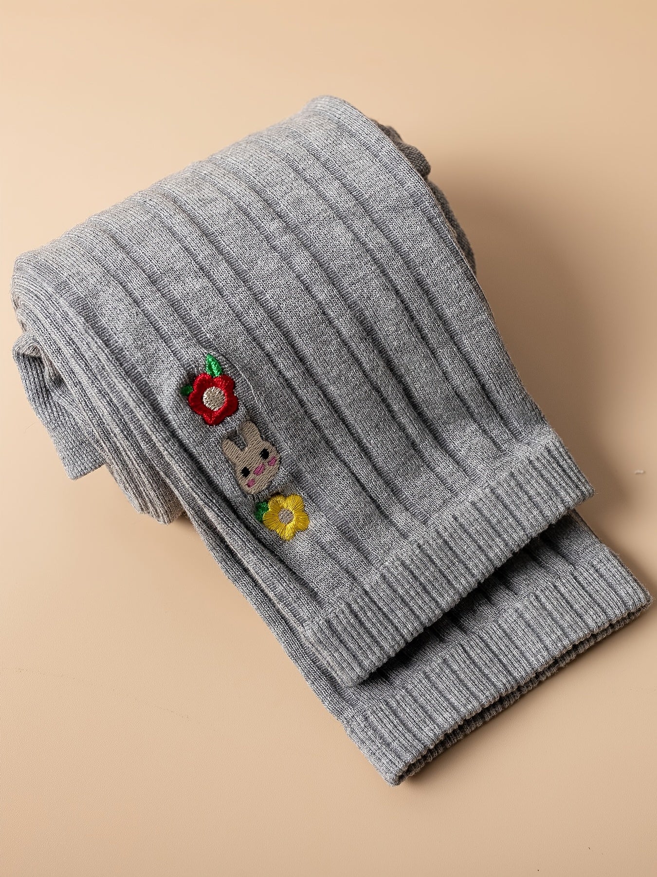 Kids' Base Pants, Girls' Spring/Autumn Vertical Stripe Slim Fit Knit Socks Embroidered Casual 9/10 Pants