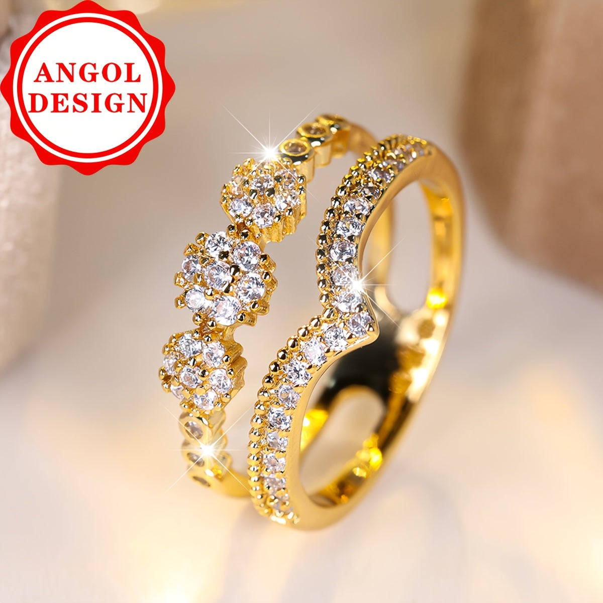 ANGOL'S Elegant Boho Double V-Cut Ring with Adjustable Trim - Luxurious Golden-Tone Zirconia Inlay, Perfect for Parties & Daily Wear, Adjustable Ring|Elegant Boho Ring|Cubic Zirconia Ring, Angel Jewelry
