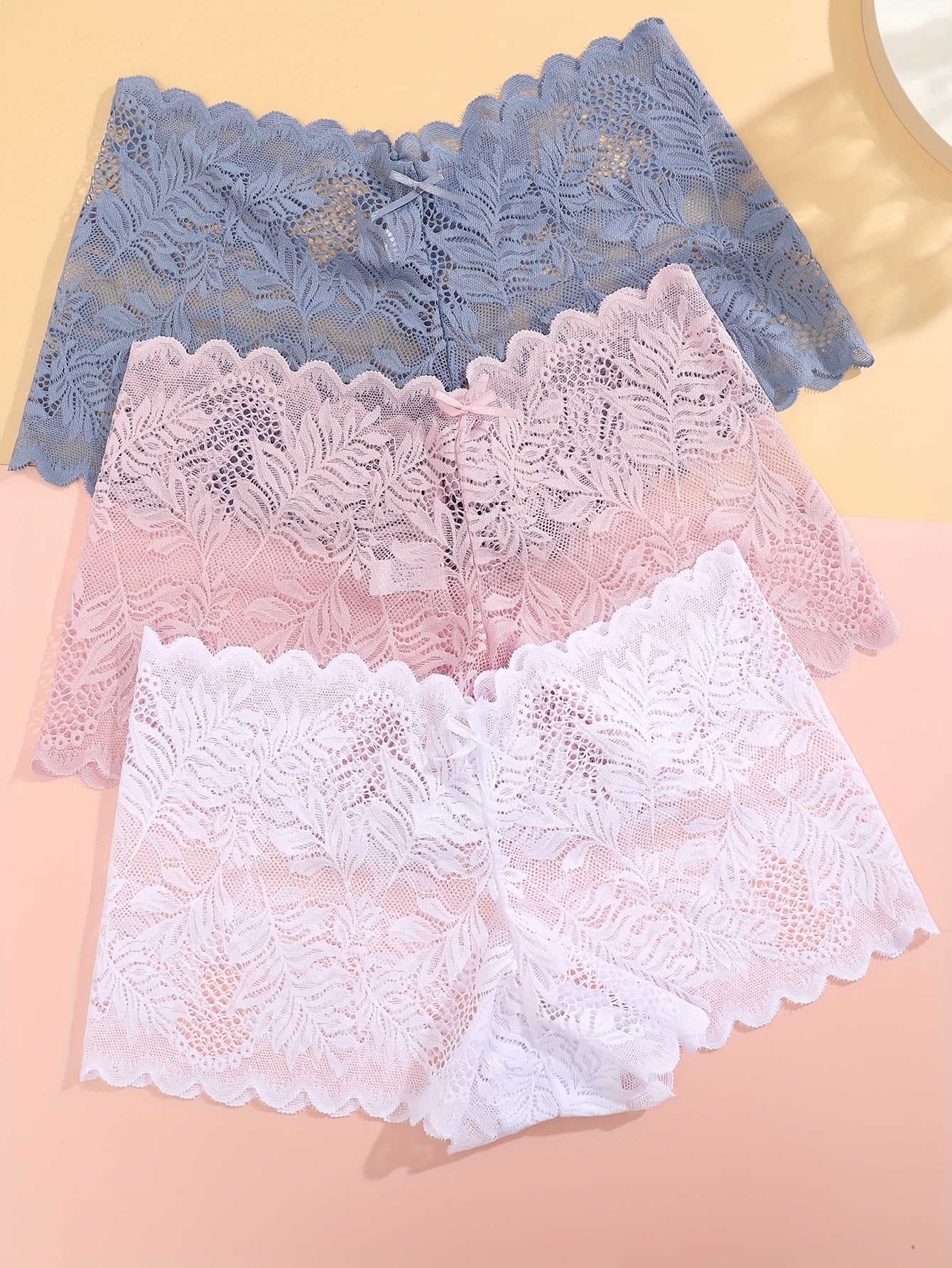 3pcs FINETOO Women's Sexy Low-Rise Lace Boyshort Panties - Breathable, Stretchy Nylon Blend with Floral Pattern, Scalloped Trim in Black, White, & Pinkish-Beige