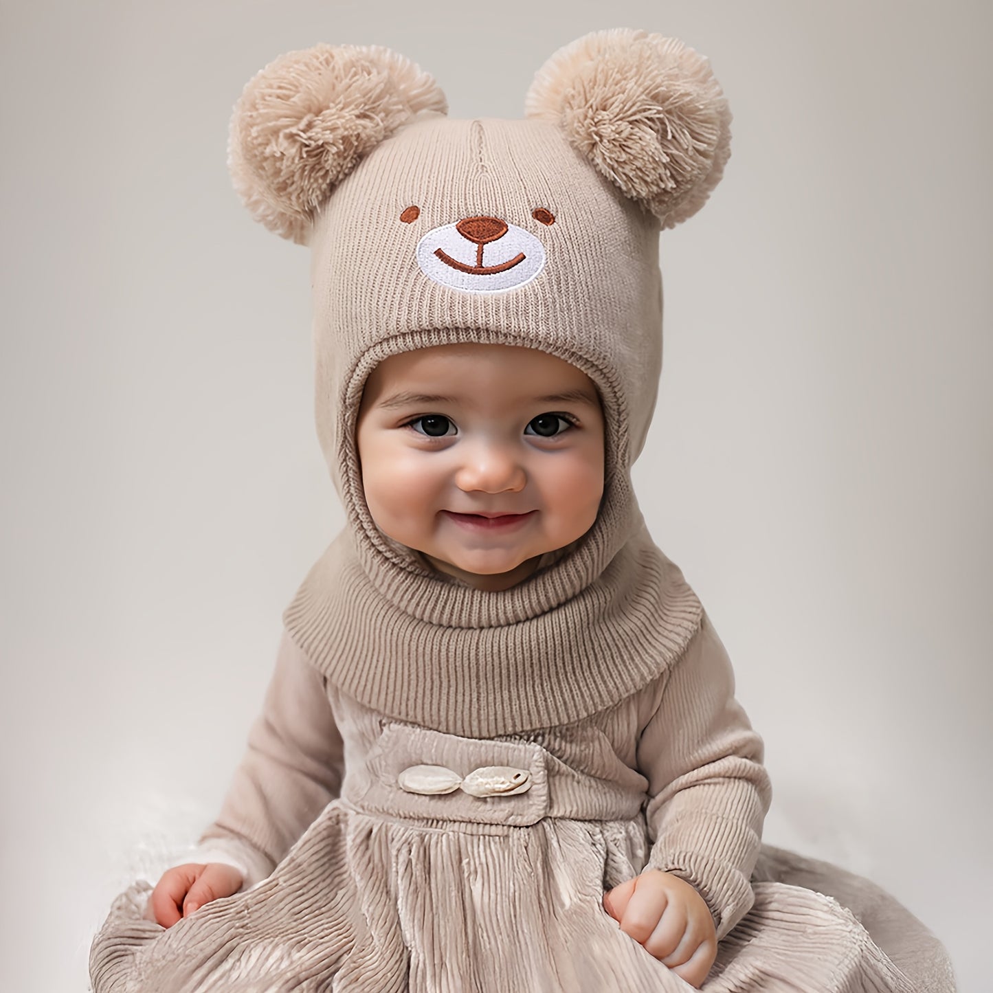 1pc 0-8 Years Baby Bear Ear Balaclava Mask & Beanie Hat - Cute White Winter Ski Mask with Ears, Soft Knit-like Texture for Boys & Girls, Warm Toddler Accessory (Brown/Pink/Black) - Hand Washable Kids Clothing