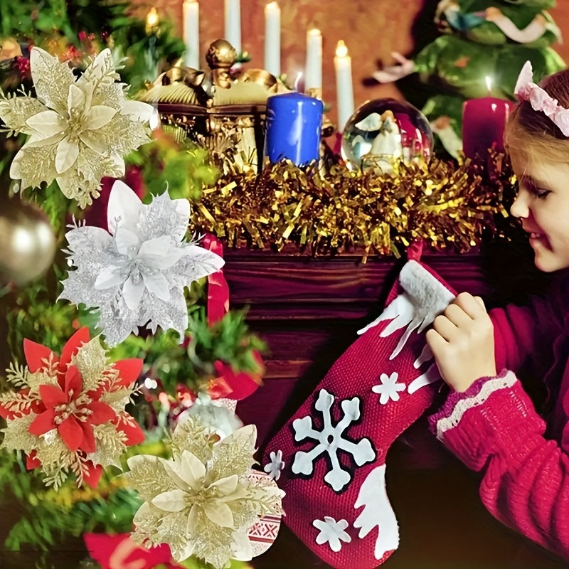 60-Piece 5.5-Inch Shiny Double-Layer Pink Edge - Christmas Floral Strips with Tree Decor and Wreath Accessories - Ideal for Holiday Parties & Weddings - Includes 30 Flower Branches + 30 Clips