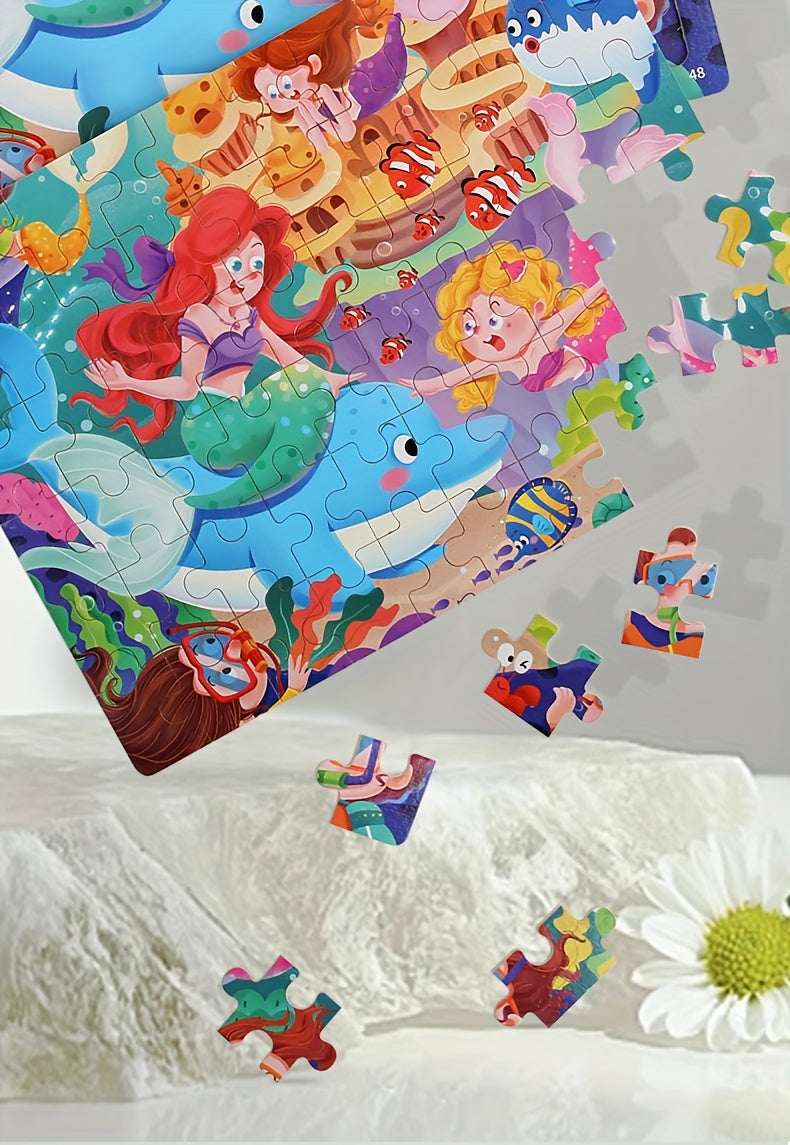 60pcs Wooden Large Piece Children's Cartoon Puzzle, Early Education Enlightenment Education Hands-on Ability Assembled Cute Mermaid Cartoon Character
