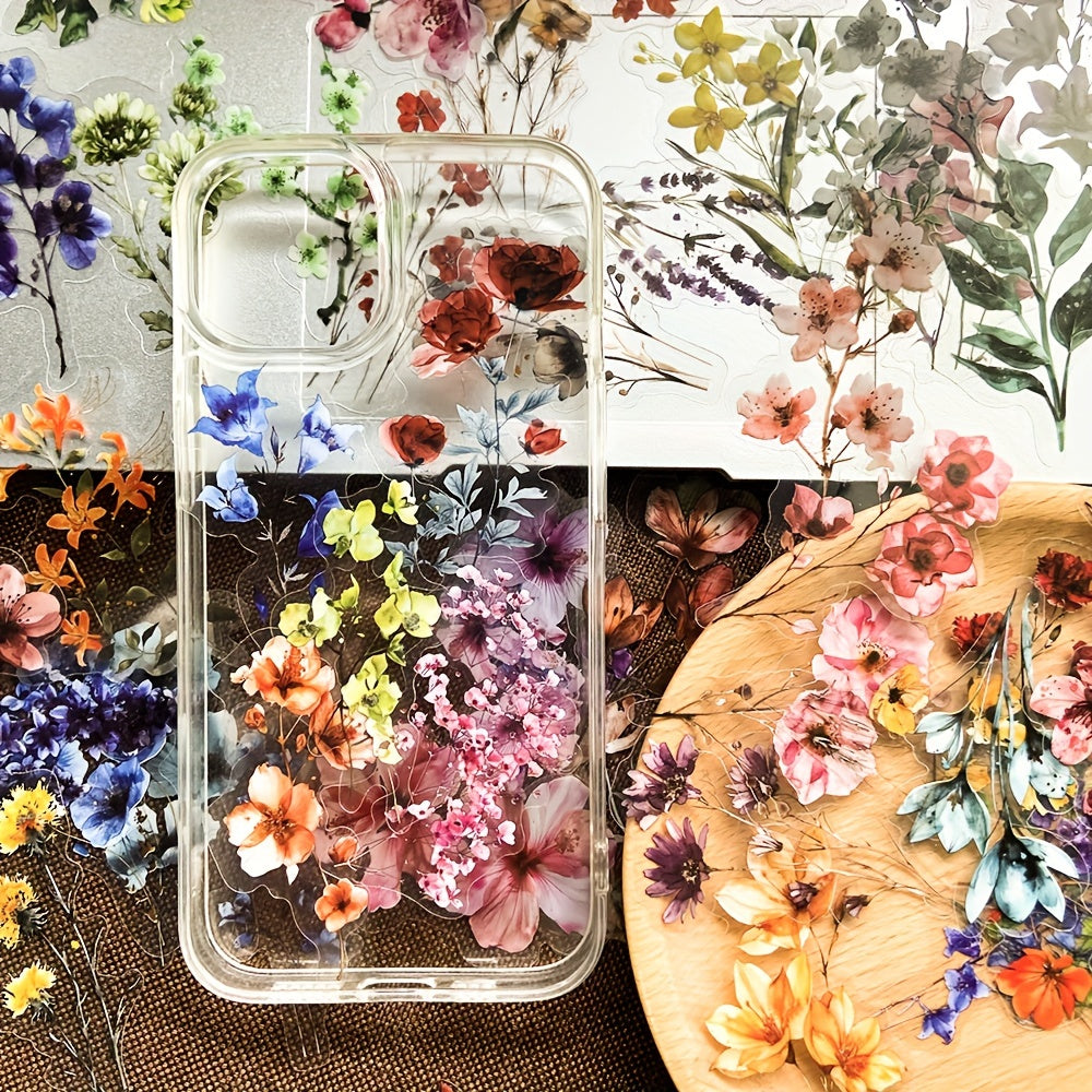 50pcs Transparent Flower Stickers, PET Plant Floral Decals for Scrapbooking, Journaling, DIY Crafts, Guitar, Notebook Decoration