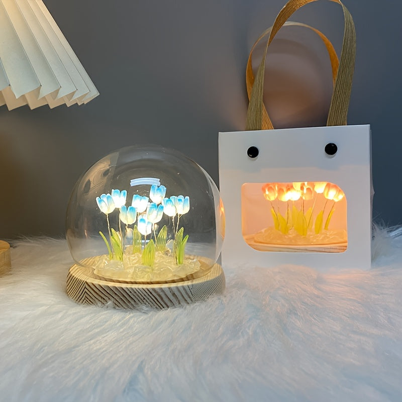 1pc Tulips Gifts For Women Flower Gifts For Her Gifts For Women Birthday Xmas Gift For Mom, Artificial Decor In Glass Dome With Led Light Night Light, Women Gifts For Her, Mom, Christmas Gift