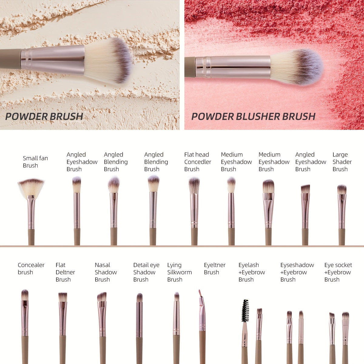 A 20/40pcs Makeup Tool Set with Various Specifications Available. The Large Set Includes (20 High-Quality Makeup Brushes + 1 Headband + 2 Wristbands + 1 Makeup Remover Puff + 4 Triangular Velour Puffs + 4 Finger Puffs + 4 Lar