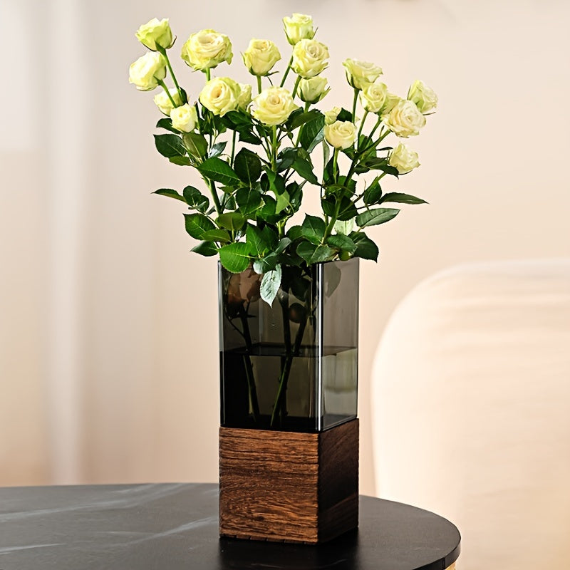 Acrylic Elegant Nordic-Style Vase with Wooden Base - Perfect for Living Room Decor & Floral Arrangements, Ideal Gift for Christmas, Thanksgiving & More