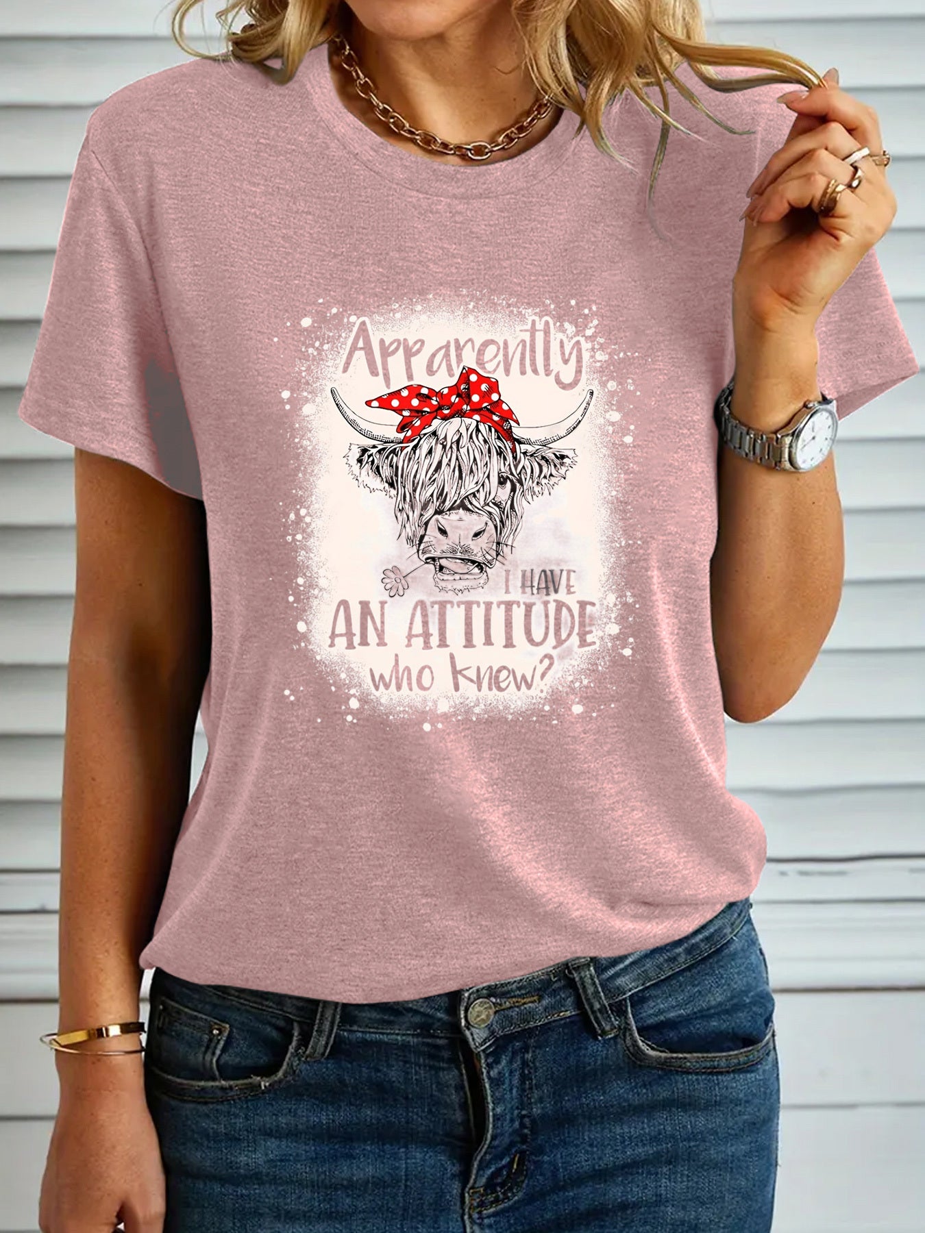 Women's Fashion T-shirt, "Apparently I Have An Attitude Who Knew" Highland Cow Pattern Casual Short Sleeve Top