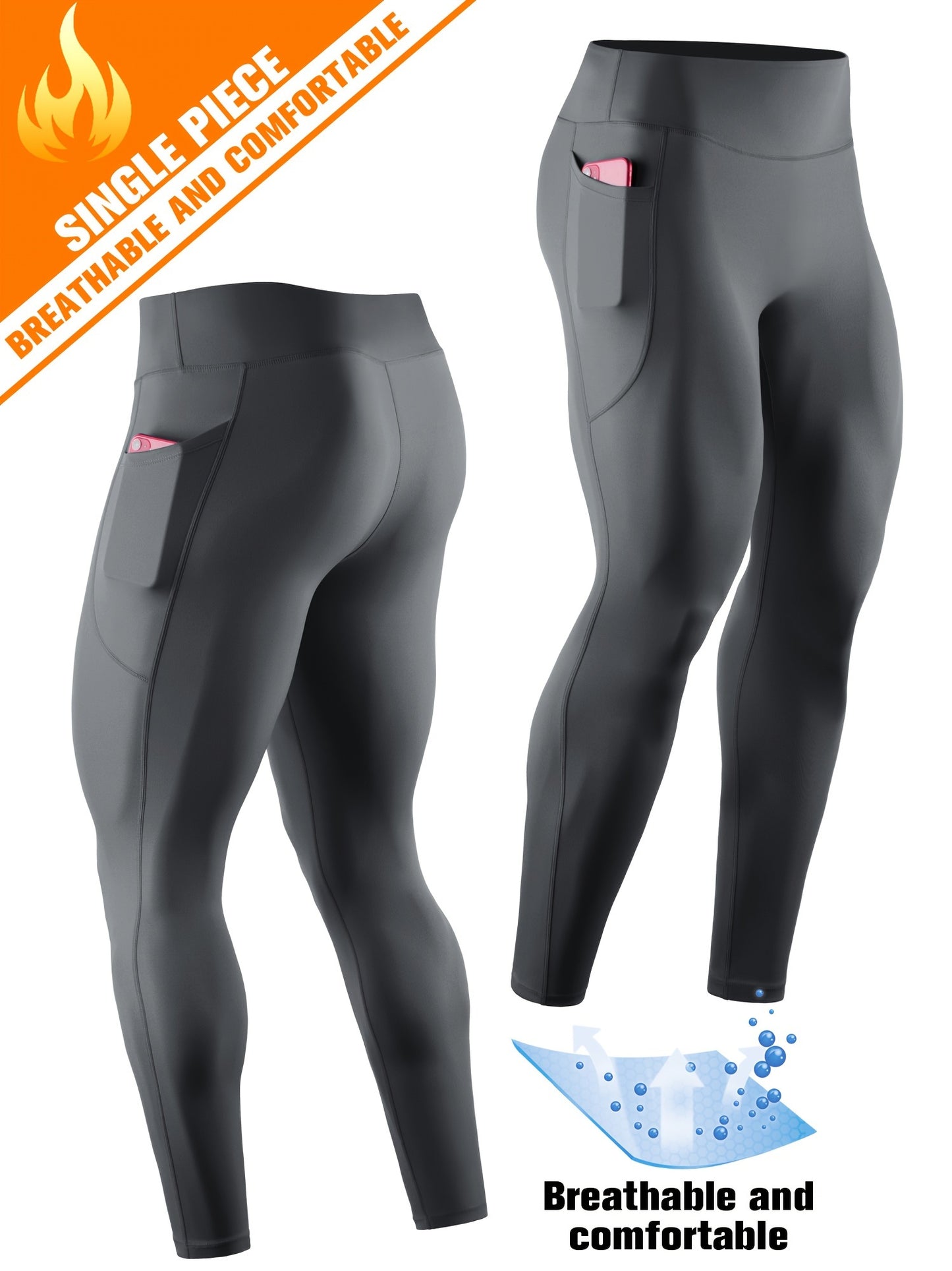 Men'S High Waist Compression Sports Leggings, Quick Dry, High Elastic, Polyester 90% Spandex 10%, Solid Color, Pocket Detail, Knit Fabric, Skinny Fit, Four Seasons, for Running, Yoga, Training, Basketball, Outdoor Activities