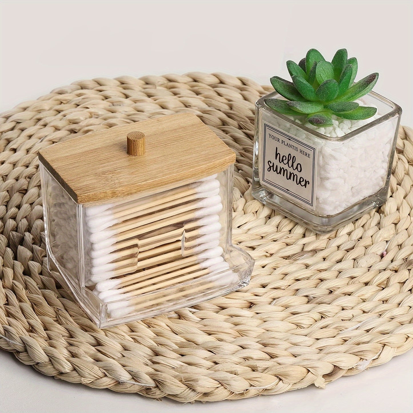 [1pc Acrylic Swab Holder] Clear Acrylic Swab Holder with Wooden Lid - 7oz Sleek, Polished Bathroom Container for Swabs & Pads | Lightweight & Easy to Install | 1pc Bathroom Accessories