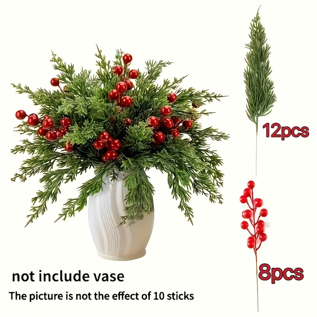 20pcs Realistic Artificial Pine Branches with Red Berries - Green Plastic Christmas Sprigs for DIY Wreaths, Garlands, Table Centerpieces, Winter & Holiday Decor (Vase Not Included) - Fake Pine Needles for Home Decoration, Chr