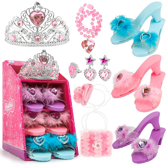 Princess Girl Dress-up Shoes, Role-playing Jewelry Toy Set 3 Pairs of Princess Shoes, Crown Earrings Necklace Ring Handbag Role-playing Shoe Set, Halloween Christmas Gift, Suitable for 3-6 Years Old