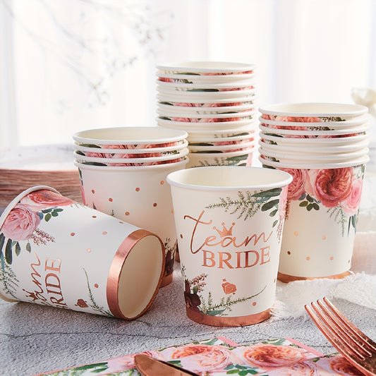 10/24pcs, 9oz Bridal Flower Paper Cups, Shower Cup Party Cup, Flower Bridal Shower Disposable Paper Cup, Rose Golden Bridal Shower Decoration Suitable for Bridal Party and Single Party