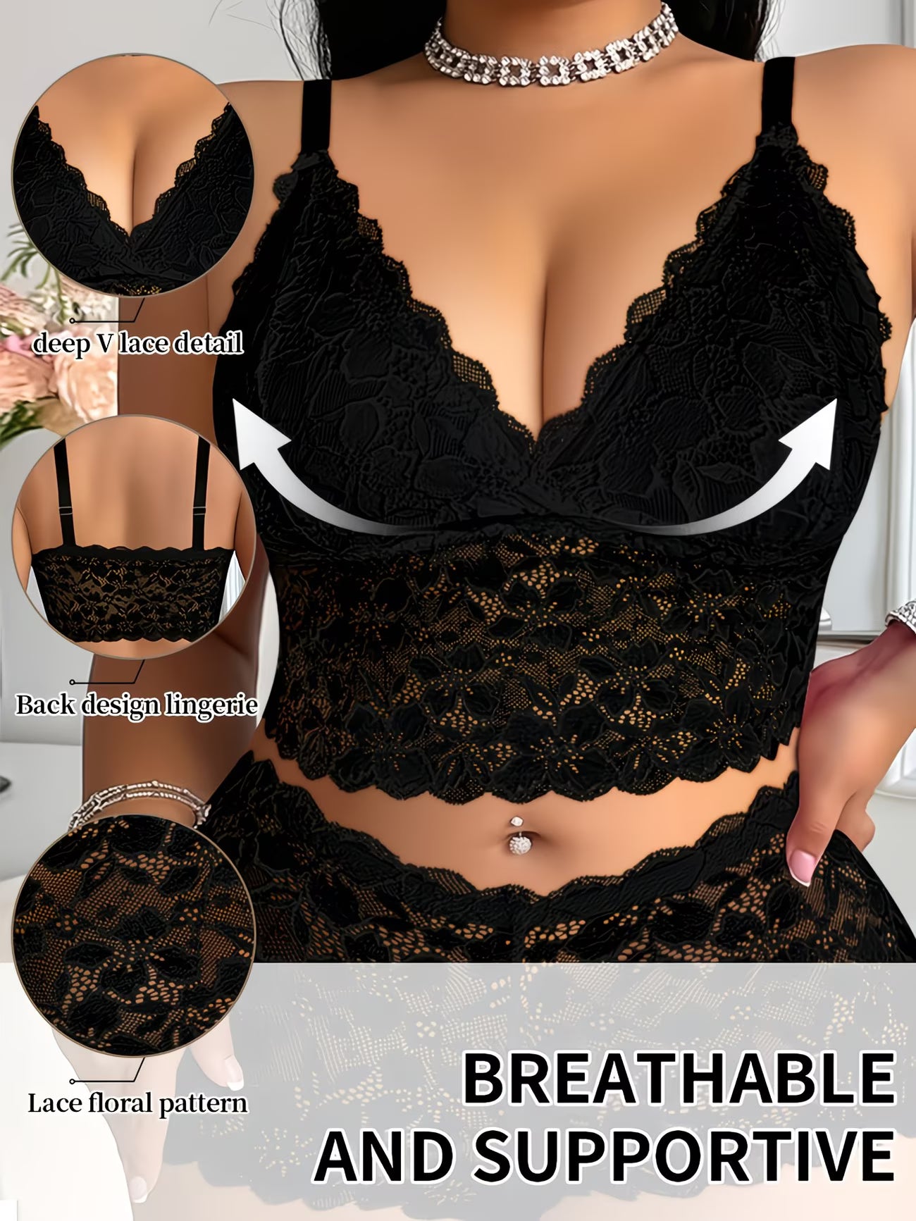 Ladies' Plus-size Wire-free Bra with Straps, Comfortable, Breathable, Seamless, Elegant, Romantic, Fashionable Lace Design