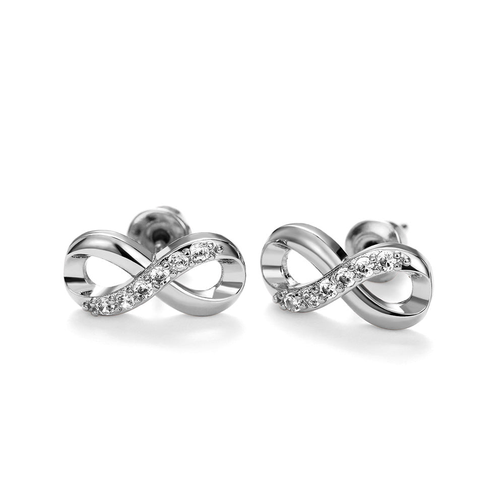 Lucky Cubic Zirconia Infinity shaped Stud Earrings Silver Plated Jewelry For Women 1Pair