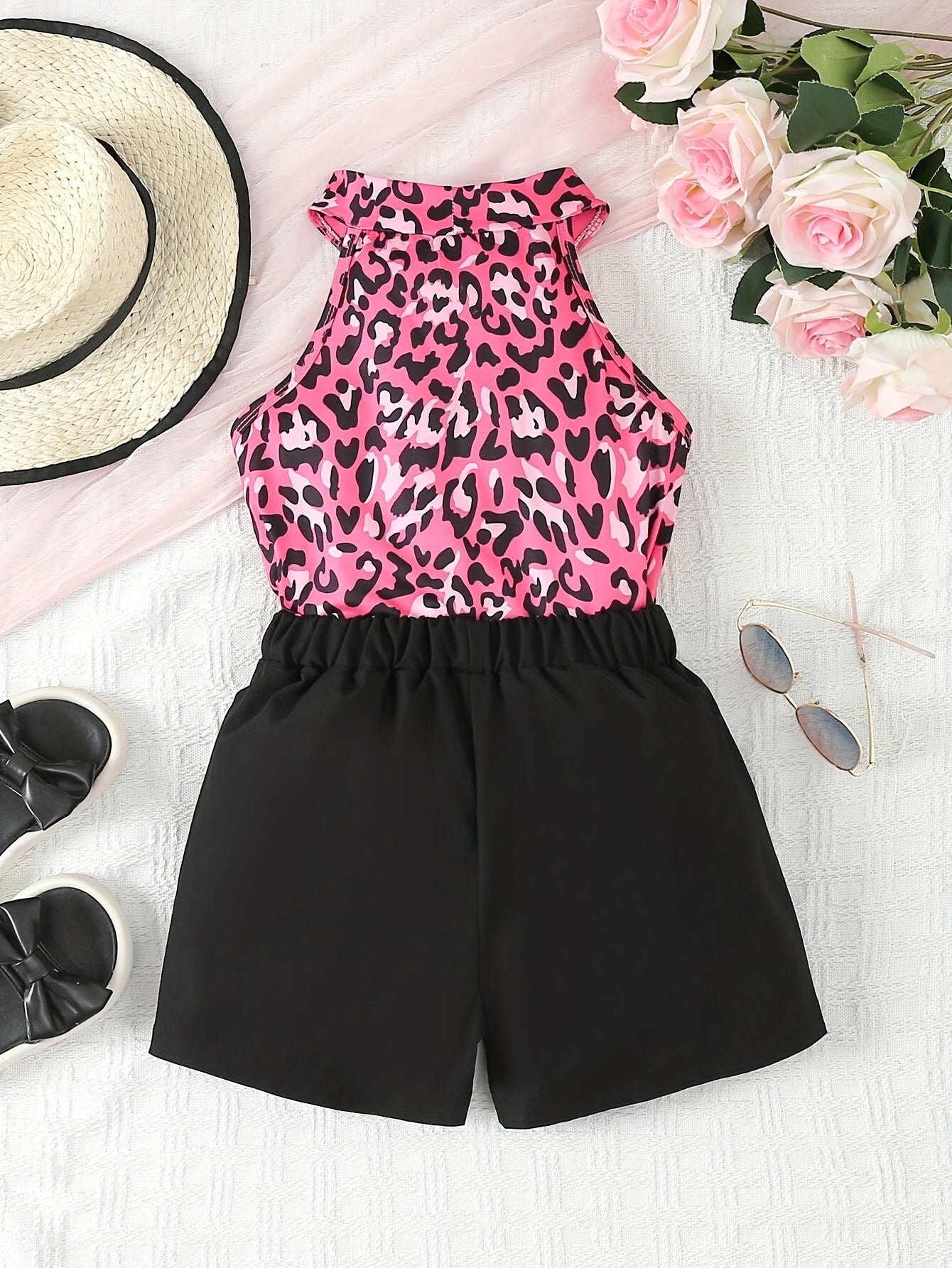 Sweet Girls 2pcs Flower Print Halter Neck Sleeveless Top + Shorts Set Summer Outdoor Clothes Gift