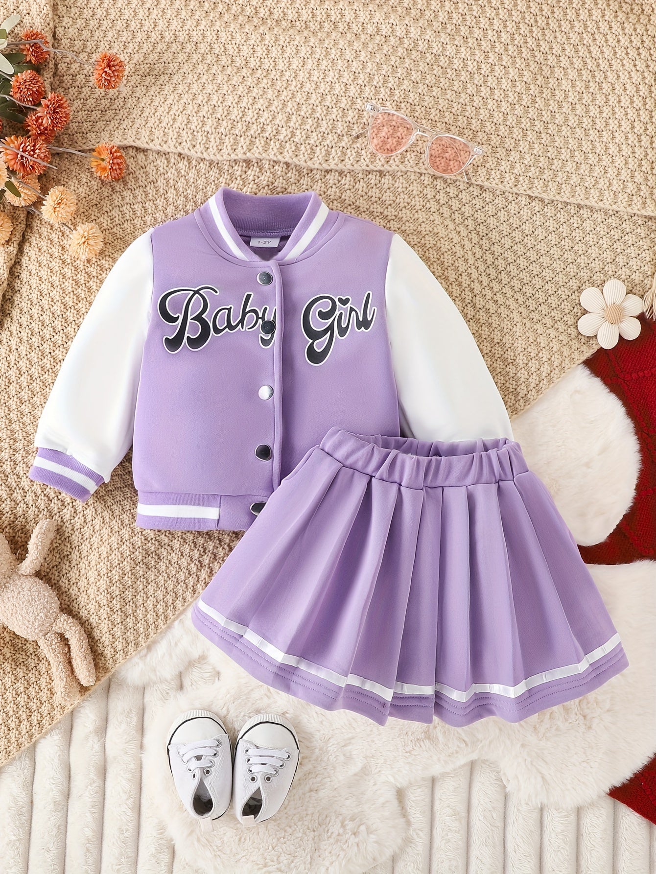 Preppy Style Girls 2pcs BABY GIRL Print Baseball Jacket + Pleated Skirt Outdoor Set For Party Sports Gift
