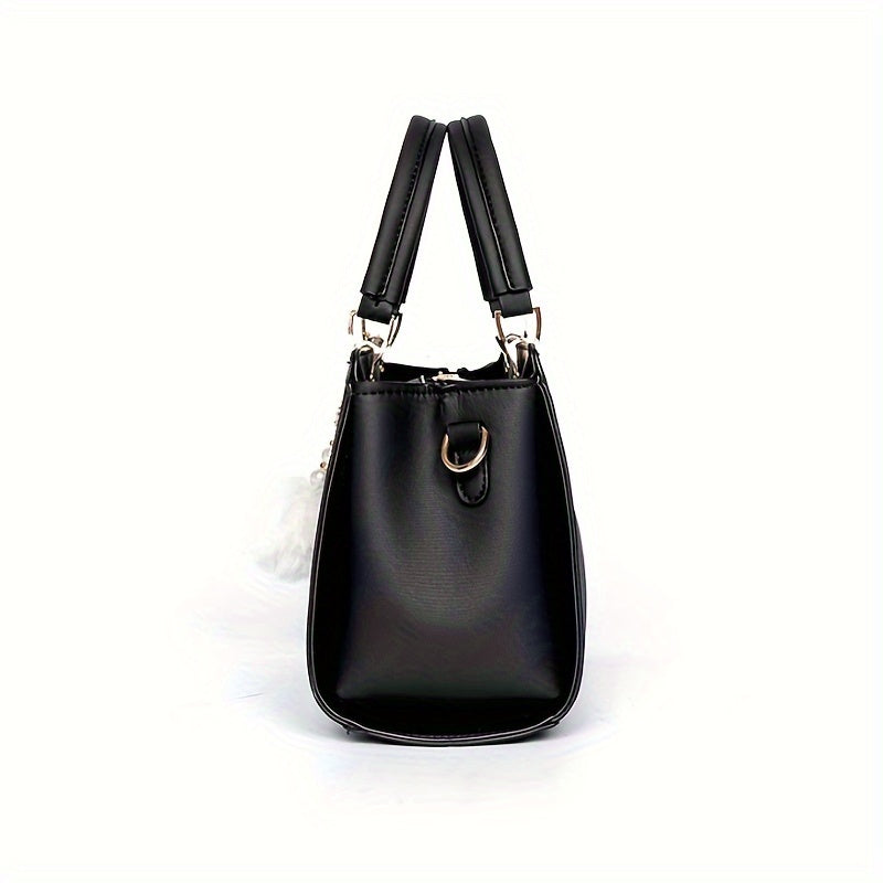 [Faux Leather Shoulder Handbag] Elegant Faux Leather Handbag - Lightweight Solid Color Shoulder Bag with Tassel Embellishment, Adjustable Strap, Zipper Closure, Polyester Lined, Edge Paint Detail - Available in Multiple Color