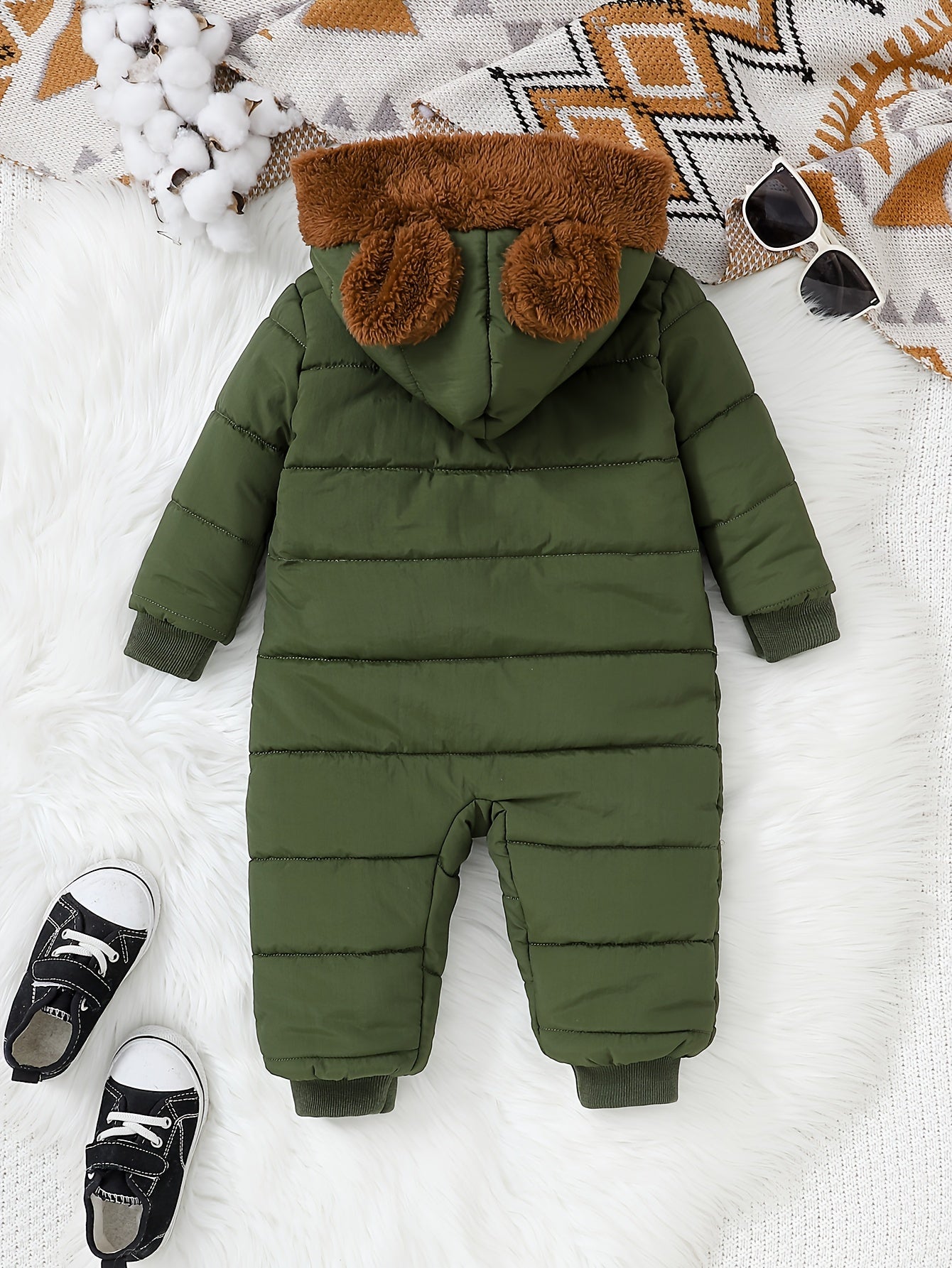 Baby Boy Winter Jumpsuit, Soft Plush Onesie with Hood, Warm Outfit Easy Diaper Change Loose Fit, Newborn Clothing for Infant & Toddler, Perfect for Cold Weather Outdoor & Photoshoots