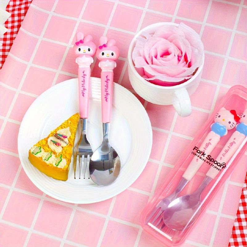 Sanrio Cute Cartoon 2pcs Tableware Suit-Stainless Steel Portable Travel Fork and Spoon with Cute Character Handle, Outdoor Eating Essentials, Onthego Dining, Fun Utensils, Stylish Cutlery, Polished Finish, Highquality Steel,