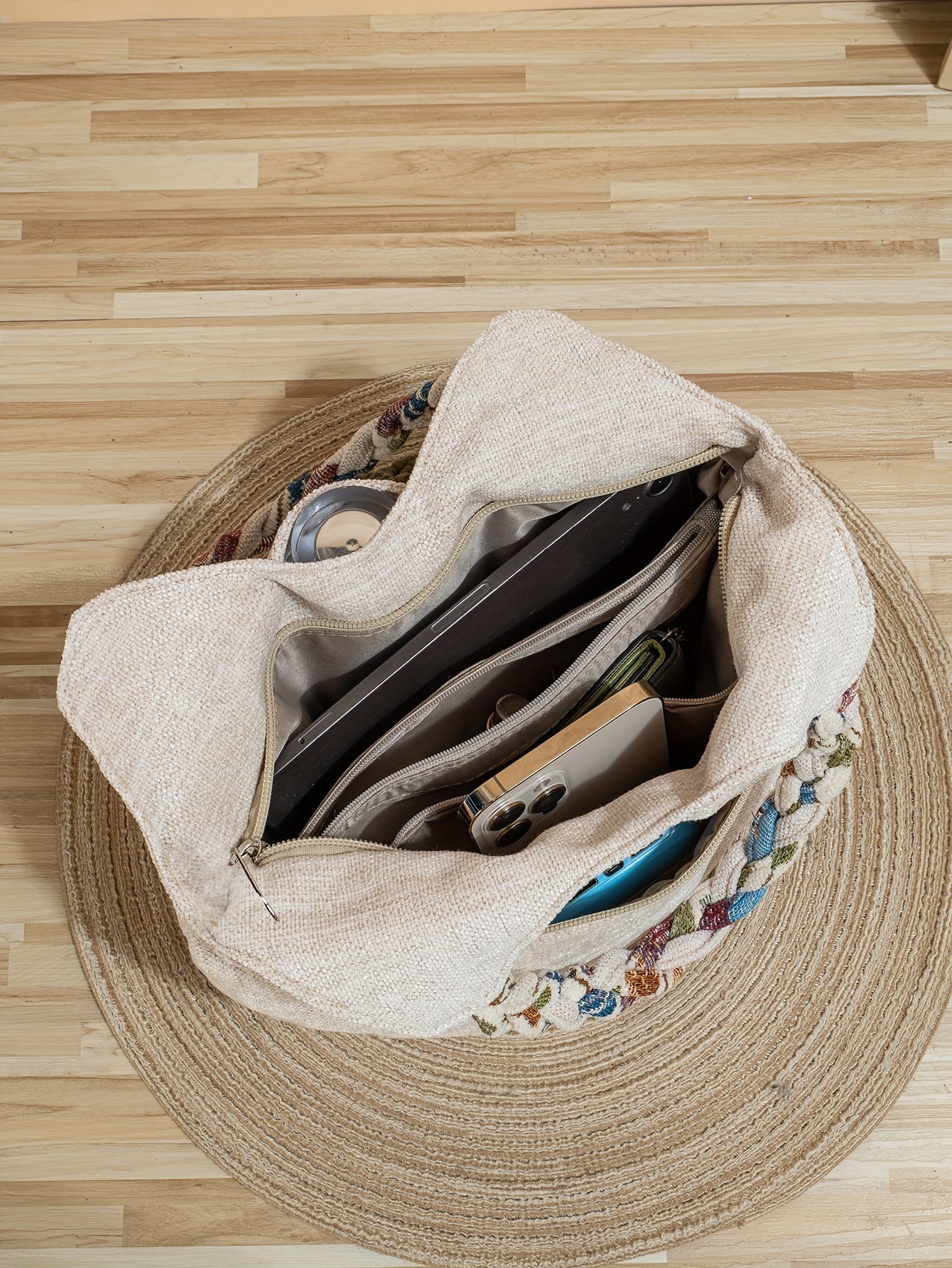 Foldable Zipper Closure Bohemian Style Handmade Flower Tote Bag - Fixed Shoulder Strap, with Wristlet, for Vacation