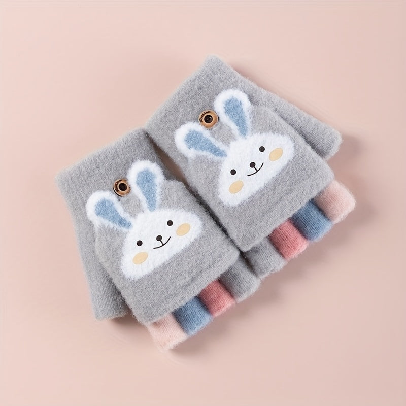 1 Pair Of Children's Gloves, Winter Five Finger Baby Thickened Half Finger Girl Knitted Cartoon Warm Flip Gloves